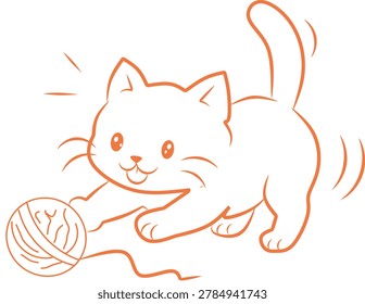 A fluffy kitten playfully bats at a yarn ball with a curling tail and whiskers, rendered in orange outline on white background.