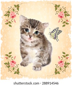 Fluffy kitten with roses and butterfly.  Vintage postcard.  Imitation of watercolor painting.