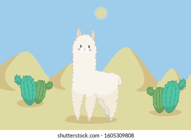 Fluffy lama in the desert with cactuses and sandy dunes under midday sun. Vector illustration in cute cartoon style