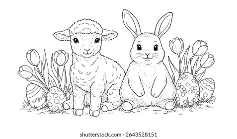 Fluffy Lamb Easter Bunny Sitting Together Outline Amidst Tulips and Decorated Eggs Spring Friends Scene Art