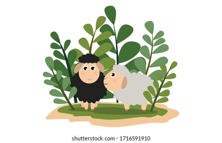 Corderos flúcidos en la hierba verde. Mascotas en la granja. Dibujo de dibujos animados para niños vectores