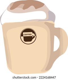 Fluffy latte in a light brown mug with logo
