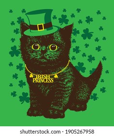 Fluffy little black kitten in leprechaun hat and irish beads. Hand drawn vector illustration. St. Patrick's Day design.