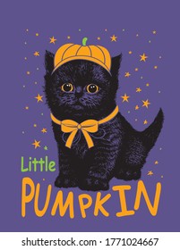 Fluffy little black kitten in pumpkin hat. Hand drawn vector illustration.