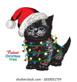 Fluffy little black kitten in Santa hat and Christmas lights. Hand drawn vector illustration.