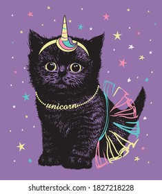 Fluffy Little Black Kitten In Unicorn Horn And Skirt. Hand Drawn Vector Illustration.