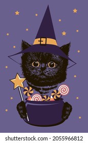 Fluffy little black kitten in witch's hat,magic wand and pot of sweets. Hand drawn vector illustration.