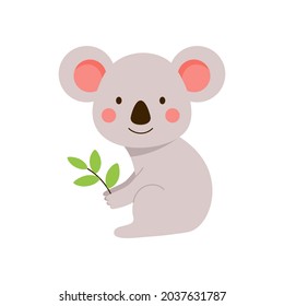 A fluffy little koala sits with a twig in his hands. Gray exotic bear cub hand drawn in cartoon style isolated on white background