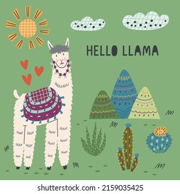 Fluffy llama among mountains and cacti. Alpaca animal nature print hand drawn doodle naive design vector art illustration. Hello llama