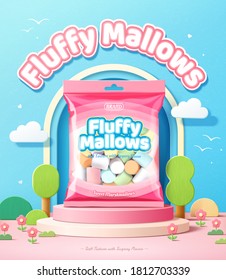 Fluffy marshmallows promo ad in 3d illustration, package of marshmallows over a podium with tree design elements against blue sky
