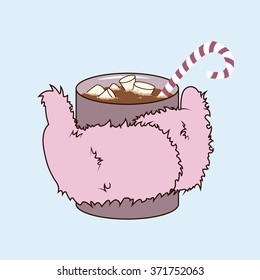 Fluffy mittens holding a cup of cocoa with marshmallows and sugar cane.