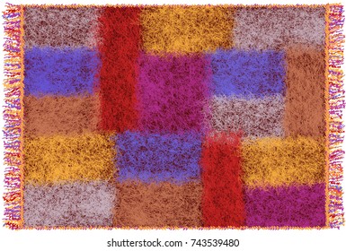 Fluffy mohair plaid with colorful weave rectangular elements and fringe isolated on white