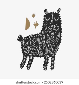 Fluffy monochrome ornamental tribal boho alpaca drawing. Funny smiling no drama llama cartoon funny nursery animal concept, baby stylish Illustration in Scandinavian style, unique print for posters