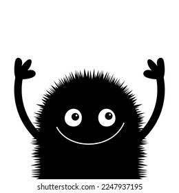 Fluffy monster black head face silhouette holding hands up. Happy Halloween. Cute Funny Kawaii cartoon baby character. Smiling face. Sticker print. Boo. Flat design. White background. Vector