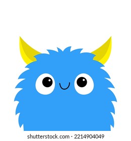 Fluffy monster blue head face silhouette. Happy Halloween. Cute Funny Kawaii cartoon baby character. Eyes, teeth, horn ears. Smiling face. Boo. Sticker print. Flat design. White background. Vector