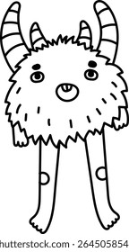 A fluffy monster with horns and long legs in a cartoon style. The creature has a shaggy body and playful expression with striped horns. Cartoon vector illustration.