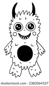Fluffy monster with horns in outline doodle style
