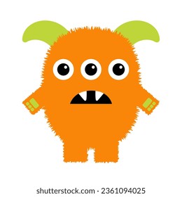 Fluffy monster standing. Funny face head. Eyes, fang teeth. Happy Halloween. Cute kawaii cartoon colorful scary character. Orange monsters. Funny baby collection. Flat design. White background Vector