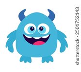 Fluffy monster standing. Happy Halloween. Cute blue monsters silhouette icon. Eyes, smiling face, wings hands. Cartoon kawaii funny baby character. Childish style. Flat design. White background Vector