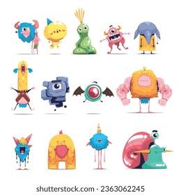 Fluffy monsters. Funny trendy monster creatures mascot, cartoon little furry beast with teeth and wings alien silly ugly creature animals character classy vector illustration of monster happy and toy