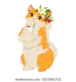 Fluffy orange cat is standing on its hind legs. She's holding a pina colada cocktail in her front paws. Funny cartoon vector illustration for stickers, prints, invitations design, bar menu