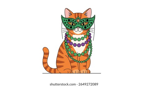 A Fluffy Orange Tabby Cat Wearing a Green Mardi Gras Mask and Purple Green and Gold Beads Sitting Proudly