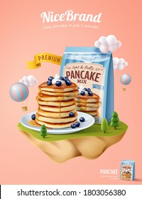 Fluffy pancake ad template, mock-up set on miniature pastel island with cloud and hot air balloon, 3d illustration