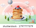 Fluffy pancake ad template, stack of pancakes with maple syrup and fresh fruit on miniature pastel forest background, 3d illustration