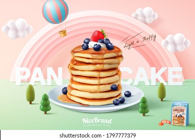 Fluffy pancake ad template, stack of pancakes with maple syrup and fresh fruit on miniature pastel forest background, 3d illustration