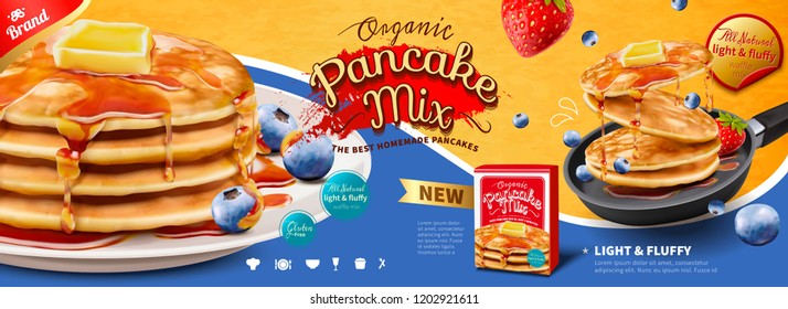 Fluffy pancake banner ads with fruit and honey dripping on it, 3d illustration