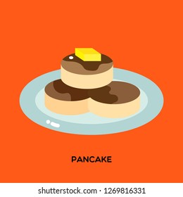 Fluffy pancake served on blue plate with syrup and butter on orange background.