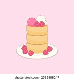 fluffy pancakes topped with fresh raspberry whipped cream and ice-cream, vector illustration