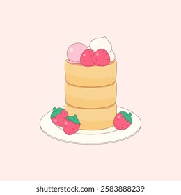 fluffy pancakes topped with fresh strawberry whipped cream and ice-cream, vector illustration