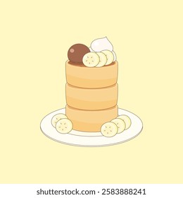 fluffy pancakes topped with sliced banana whipped cream and ice-cream, vector illustration