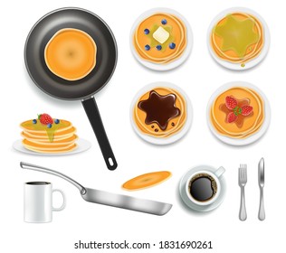 Fluffy pancakes with various toppings honey, chocolate, blueberry and strawberry fruits, vector isolated illustration. Realistic frying pan with pancake, coffee. Traditional american breakfast food.