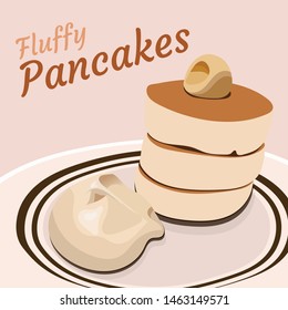 Fluffy pancakes with whip cream on the plate is a beautiful vector file