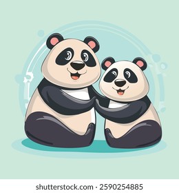 A fluffy panda in a partner yoga session, holding another panda's paws while doing a seated stretch together, adorable and fun vector concept