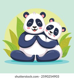 A fluffy panda in a partner yoga session, holding another panda's paws while doing a seated stretch together, adorable and fun vector concept