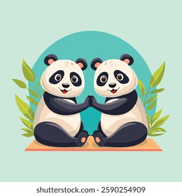 A fluffy panda in a partner yoga session, holding another panda's paws while doing a seated stretch together, adorable and fun vector concept