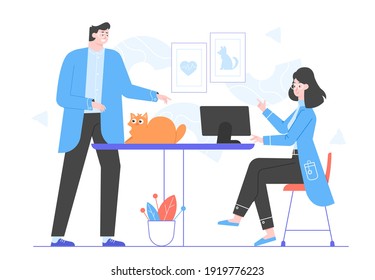 Fluffy pet patient at the veterinarian's appointment. A doctor and a nurse at work, treating a cute ginger cat. Vector flat illustration.