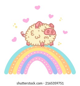 Fluffy pig standing on rainbow. Kawaii character. Fantasy animal with hearts. Vector illustration isolated on white background.