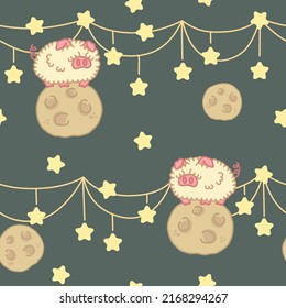 Fluffy pig stands on the planet. Fantasy character. Kawaii dark pattern with stars and planets. Seamless ornament with space.