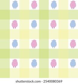Fluffy Pink and Blue Sheep on a Background of Pastels Yellow and Lime Green Plaid creating a seamless pattern print background