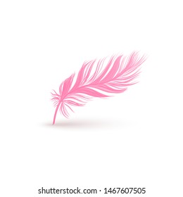 Fluffy pink feather with smooth texture isolated on white background. Light bird wing plume in pastel feminine color floating in air, realistic quill object vector illustration