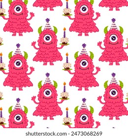 Monstruo rosa esponjoso con pastel en estilo plano sobre un fondo blanco. Patrón de cumpleaños. Personaje de monstruo de dibujos animados de niños festivos. Patrón para textil, papel de embalaje, fondo.