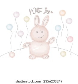 Conejo rosa suave con fondo blanco. Con tarjeta de saludo con letras de amor. Diseño de dibujos animados. Ilustración vectorial. 