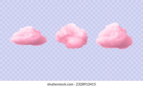 Fluffy pink set of sky elements isolated on transparent background. 3d vector icons of bright soft clouds