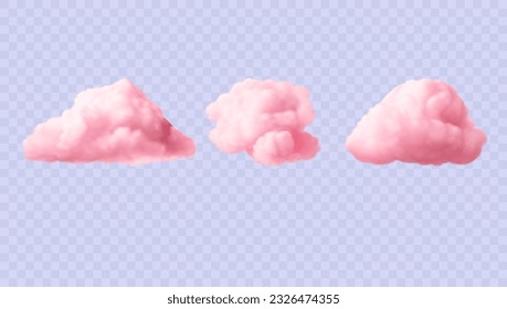 Fluffy pink sky elements isolated on transparent backdrop. Set of bright 3d vector soft clouds