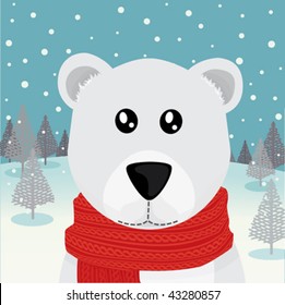 A fluffy polar bear with a red festive scarf