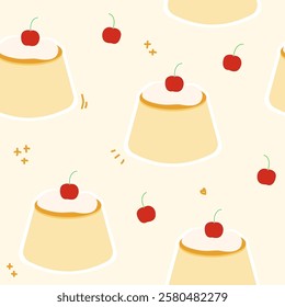 fluffy pudding with cherry and whip cream on top seamless pattern 